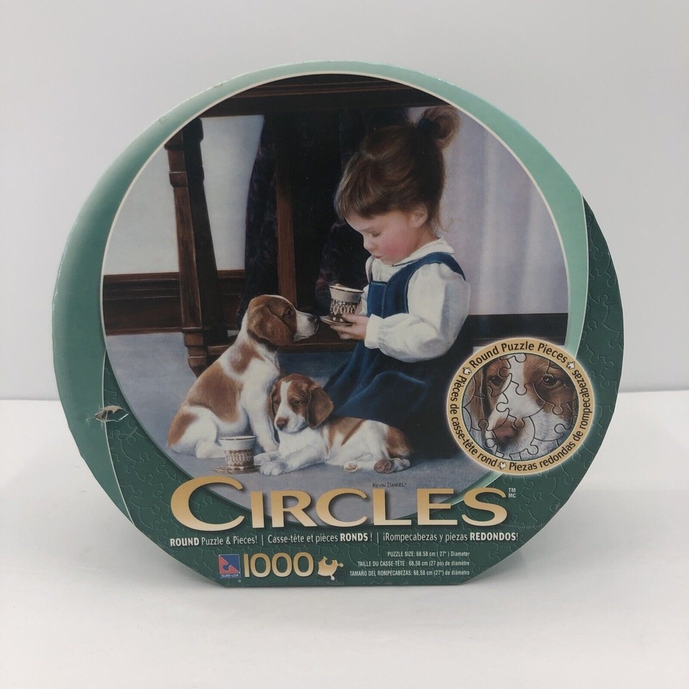 Circles Jigsaw Puzzle Round 1000 Pieces Tea Party Dogs Little Girl 2007 COMPLETE